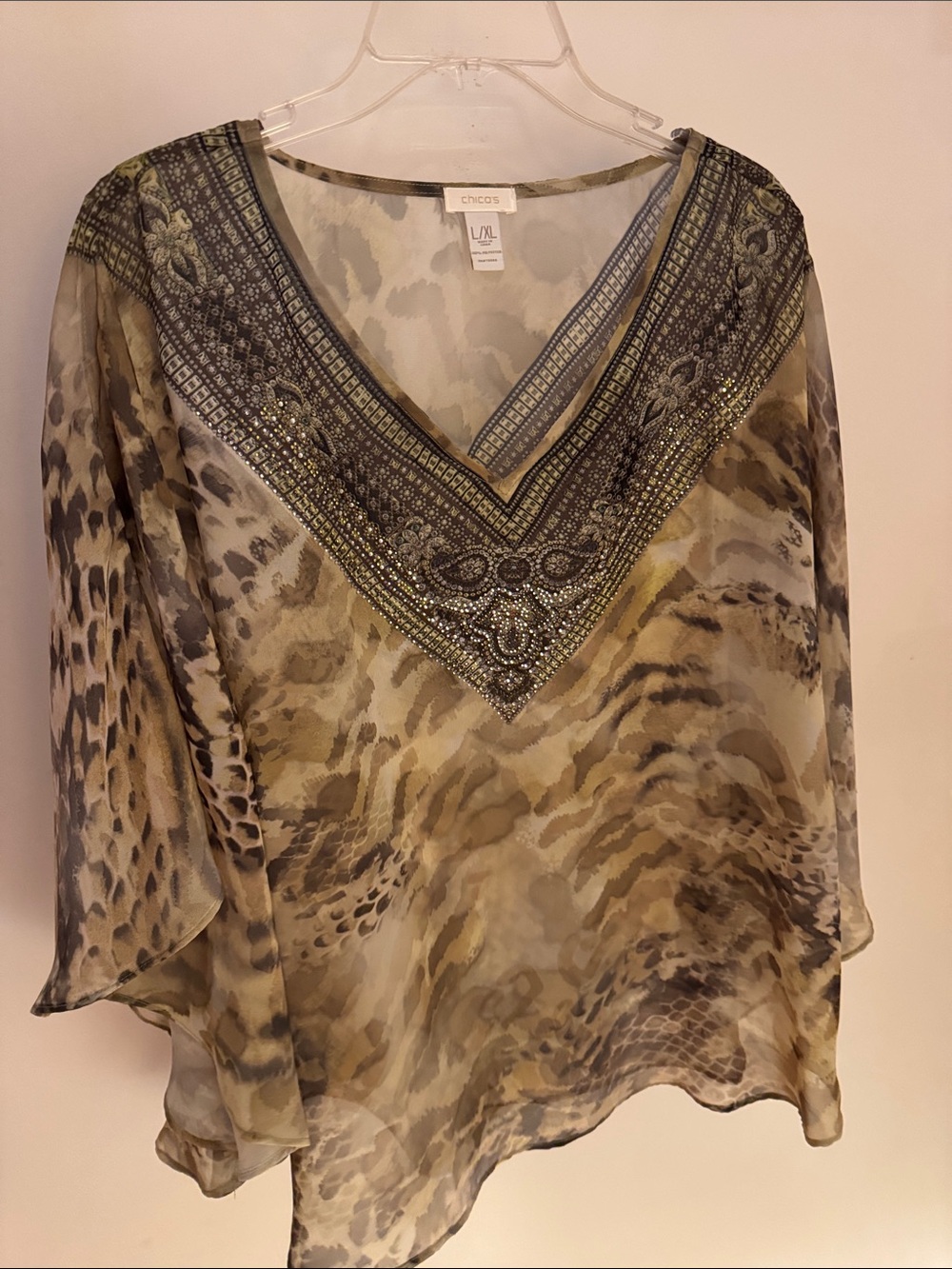 Chico's Olive and Tan Beaded V-Neck Sheer Tunic